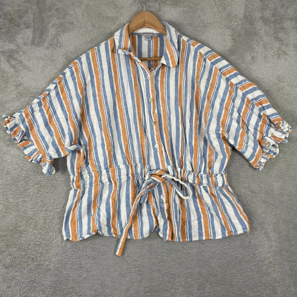 Marc New York Linen Blend Striped Peplum Top Womens Large Blue Orange Tie Waist